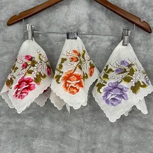 Set of 3 VTG Floral Hankies Rose Lily of the Valley Hanky Scalloped Handkerchief